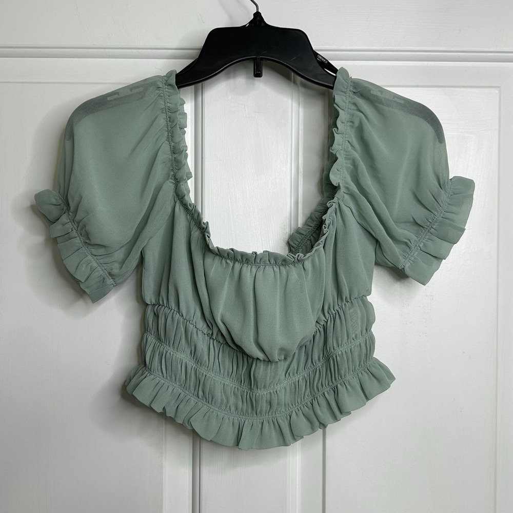 Forever 21 Chiffon Puff-sleeve Crop Top Blouse Sage Green Womens Small Elastic